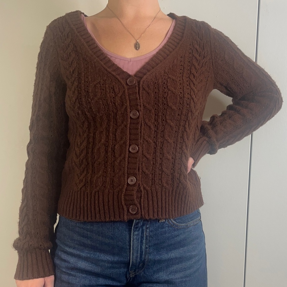 American Eagle Outfitters Dark Brown Cable-Knit V-Neck Button Cardigan